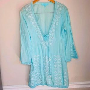 Melissa Odabash Tunic Coverup Blue Beaded Embroidered Cotton Blouse size Large
